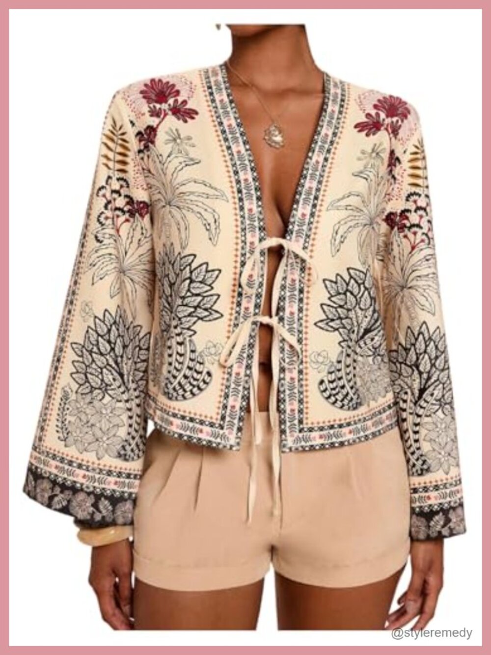 Boho Floral V Neck Tie Front Bell Sleeve Blouse